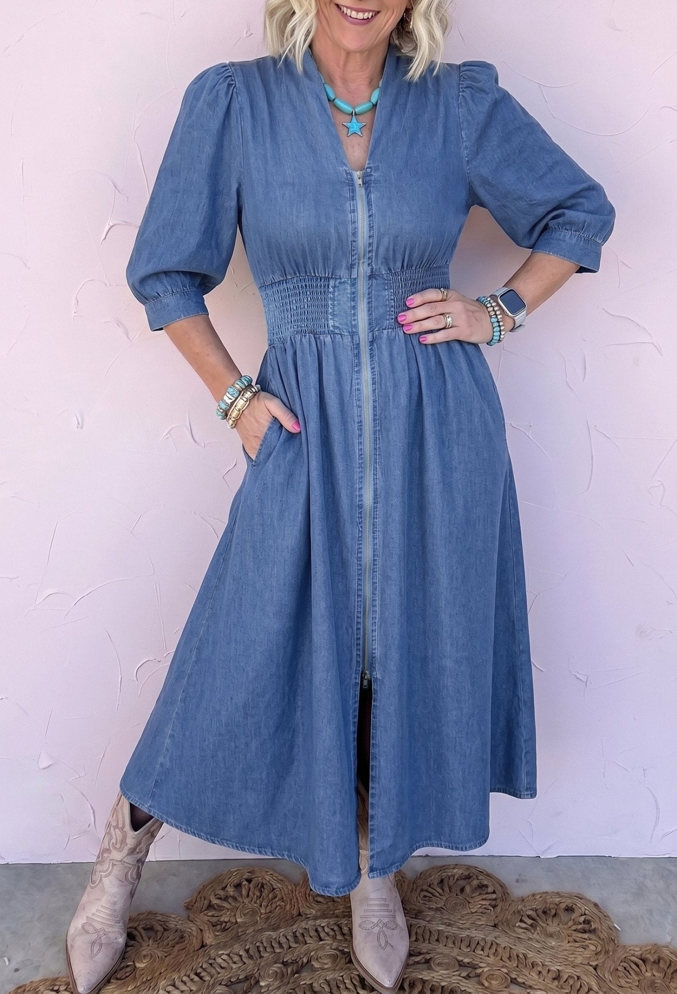 Plus Size V Neck Shirred Waist Denim Midi Dress - Plus Size Clothing