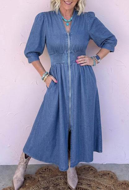 Plus Size V Neck Shirred Waist Denim Midi Dress - Plus Size Clothing