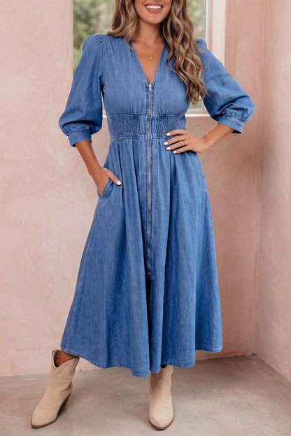 Plus Size V Neck Shirred Waist Denim Midi Dress — front view