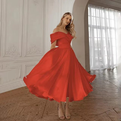 Plus Size Vintage Off-Shoulder Satin Midi Wedding Dress - Plus Size Clothing