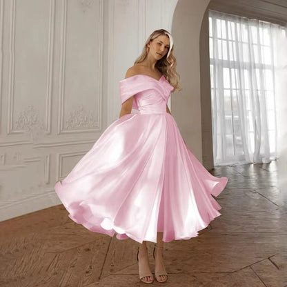 Plus Size Vintage Off-Shoulder Satin Midi Wedding Dress - Plus Size XL-4XL - View 7