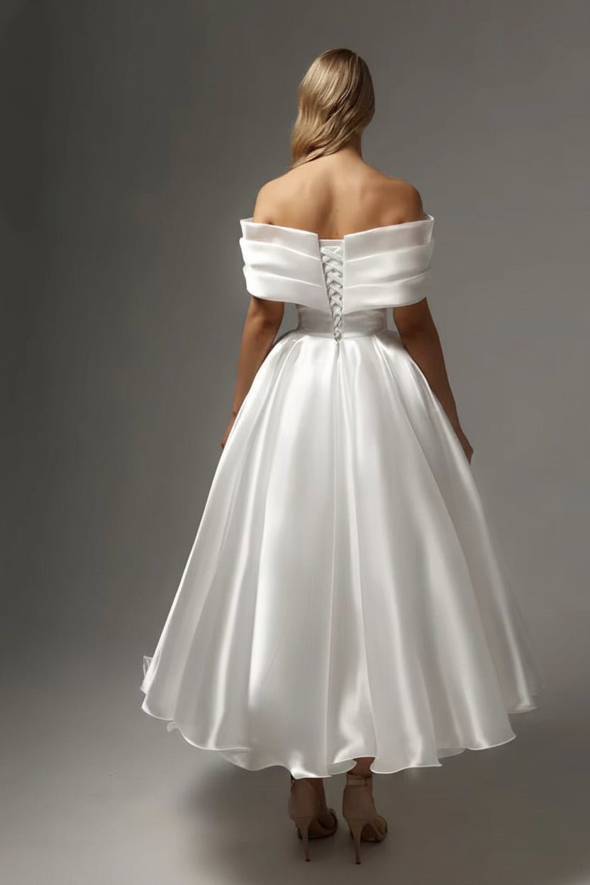 Plus Size Vintage Off-Shoulder Satin Midi Wedding Dress - Plus Size XL-4XL - View 4