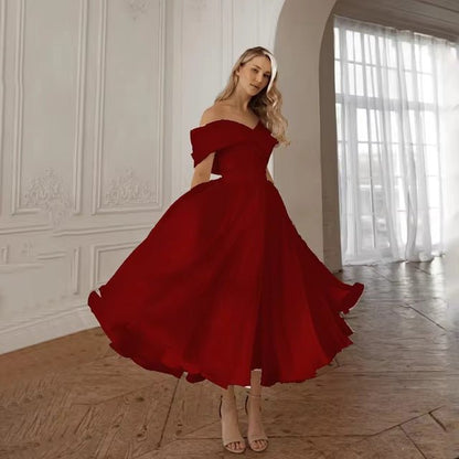 Plus Size Vintage Off-Shoulder Satin Midi Wedding Dress - Plus Size Clothing