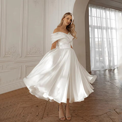 Plus Size Vintage Off-Shoulder Satin Midi Wedding Dress - Plus Size XL-4XL - View 1