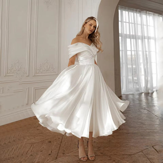 Plus Size Vintage Off-Shoulder Satin Midi Wedding Dress - Plus Size XL-4XL - View 1