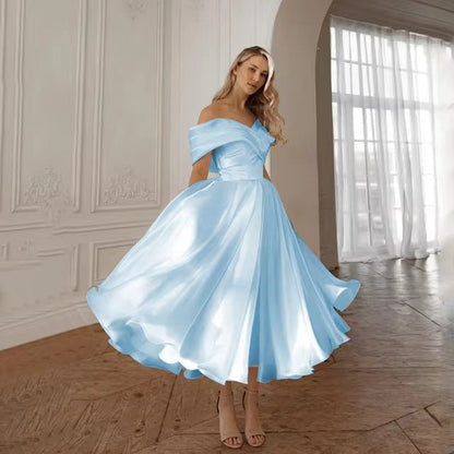 Plus Size Vintage Off-Shoulder Satin Midi Wedding Dress - Plus Size Clothing