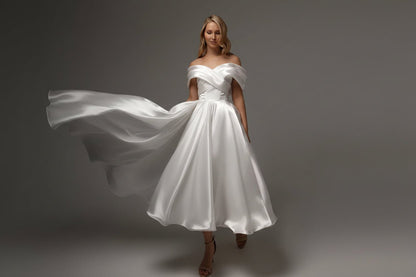 Plus Size Vintage Off-Shoulder Satin Midi Wedding Dress - Plus Size XL-4XL - View 3