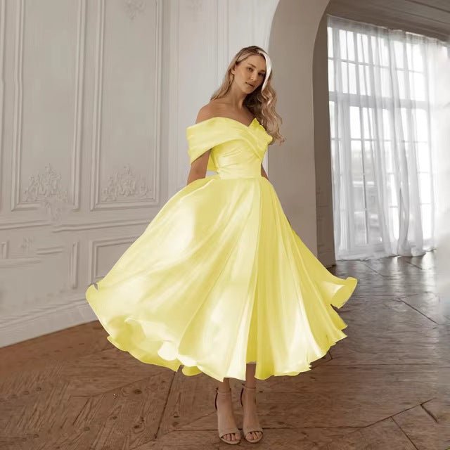 Plus Size Vintage Off-Shoulder Satin Midi Wedding Dress - Plus Size Clothing