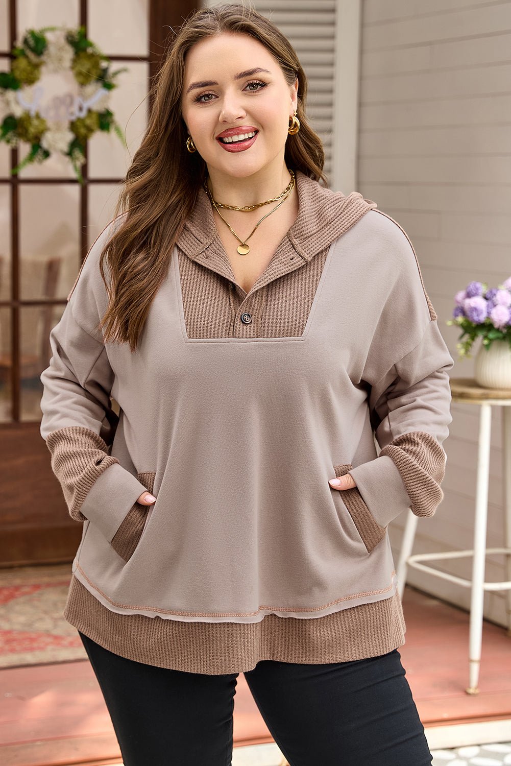 Plus Size Waffle Contrast Patchwork Pocketed Hoodie - Plus Size Clothing