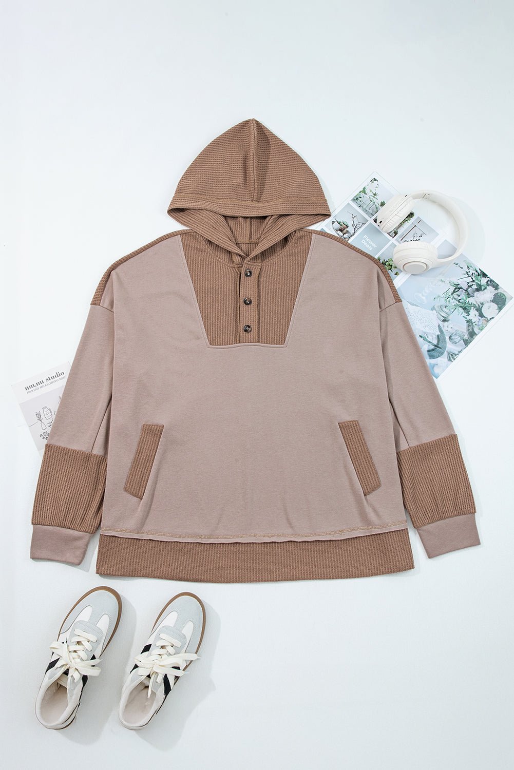 Plus Size Waffle Contrast Patchwork Pocketed Hoodie - Plus Size Clothing