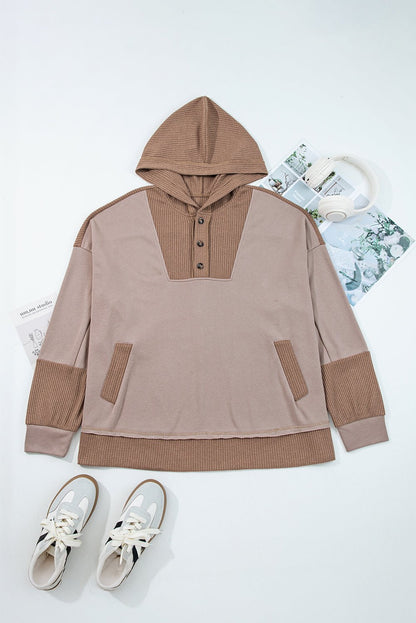 Plus Size Waffle Contrast Patchwork Pocketed Hoodie - Plus Size Clothing