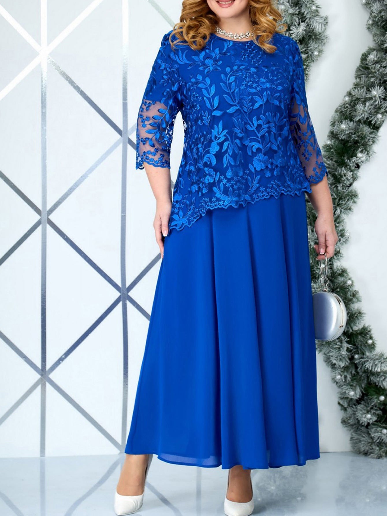 Plus Size Water-Soluble Embroidery Lace Chiffon Dress - Plus Size XL-4XL - View 4
