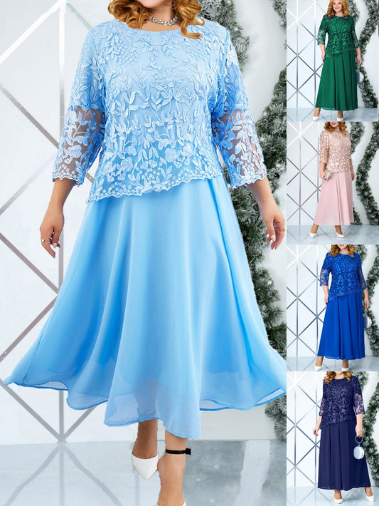 Plus Size Water-Soluble Embroidery Lace Chiffon Dress - Plus Size XL-4XL - View 1