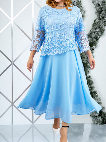Plus Size Water-Soluble Embroidery Lace Chiffon Dress - Plus Size XL-4XL - View 9