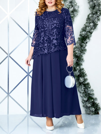 Plus Size Water-Soluble Embroidery Lace Chiffon Dress - Plus Size XL-4XL - View 5