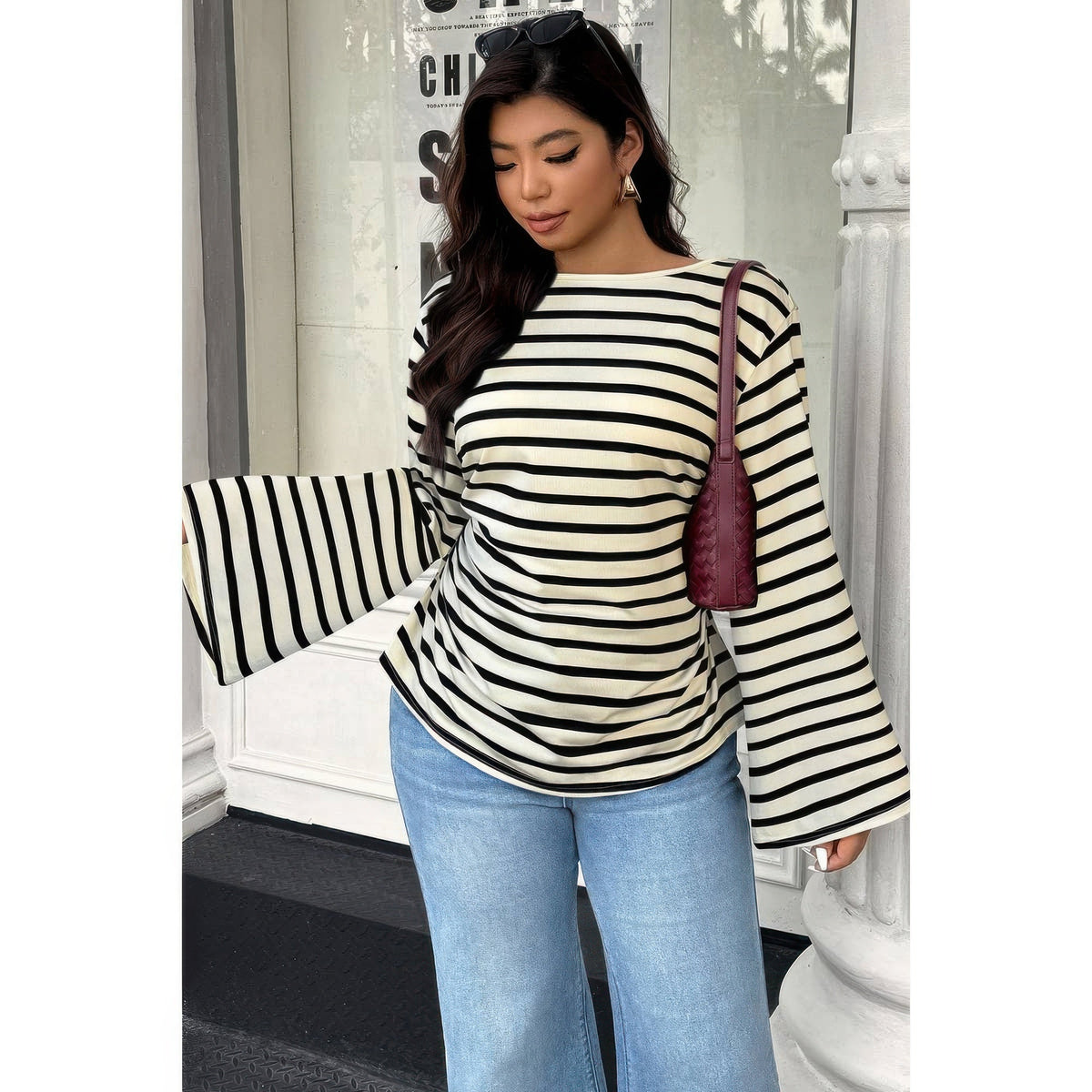 Plus Size Wide Long Sleeve Striped Shirt - Plus Size XL-4XL - View 3