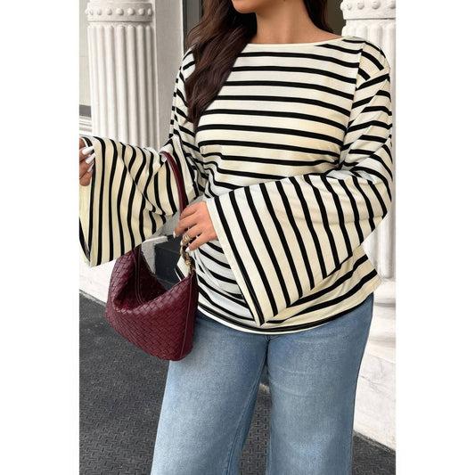 Plus Size Wide Long Sleeve Striped Shirt - Plus Size XL-4XL - View 1