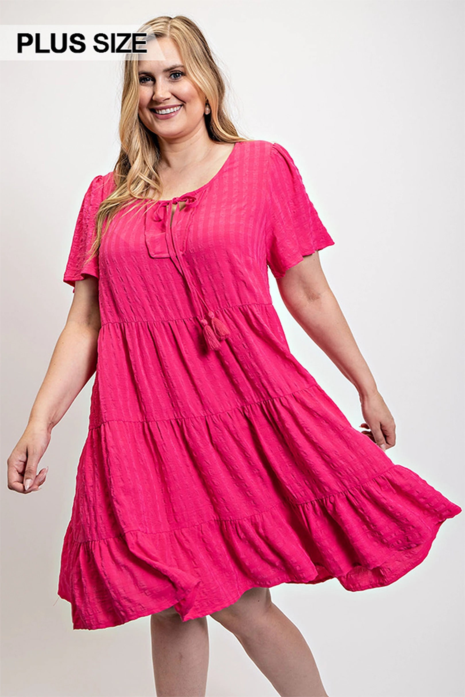 Textured woven tiered dress with tassel tie and pockets - Plus Size Clothing