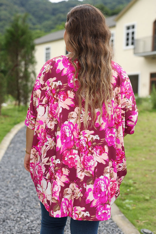 Plus Size Red Floral Print Short Sleeve Blouse - Plus Size XL-4XL - View 2