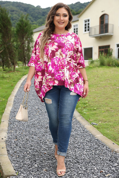 Plus Size Red Floral Print Short Sleeve Blouse - Plus Size XL-4XL - View 6