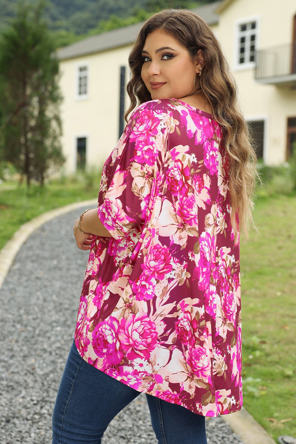 Plus Size Red Floral Print Short Sleeve Blouse - Plus Size XL-4XL - View 3
