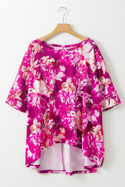 Plus Size Red Floral Print Short Sleeve Blouse - Plus Size XL-4XL - View 8