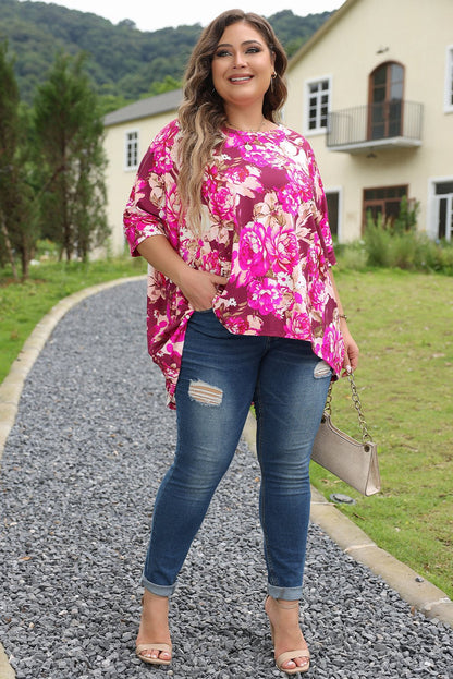 Plus Size Red Floral Print Short Sleeve Blouse - Plus Size XL-4XL - View 5