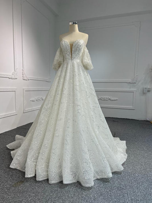 Plus Size Full Lace Sequins Puff Sleeves Mermaid Dress