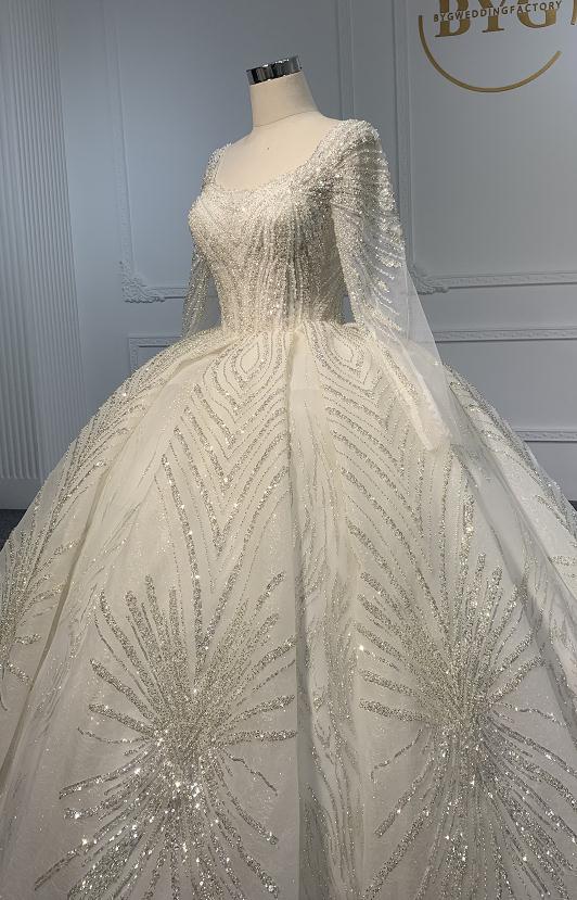 BYG Z075  SQUARE NECKLINE BEADINGS LONG SLEEVES  BALL GOWN - Plus Size Clothing