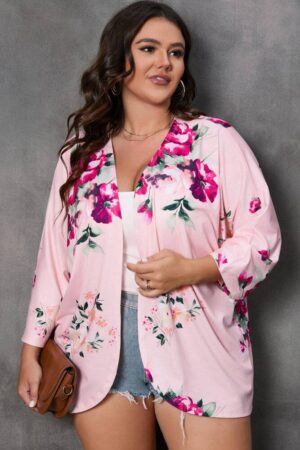 Pink Plus Size Floral Print Kimono