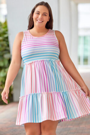Multicolor Ombre Striped Sleeveless Tiered Plus Size Dress