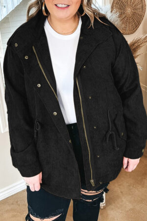 Black Plus Size Button Zipped Corduroy Jacket