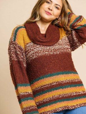 Multicolor Striped Fuzzy Knit Long Sleeve Pullover outerwear