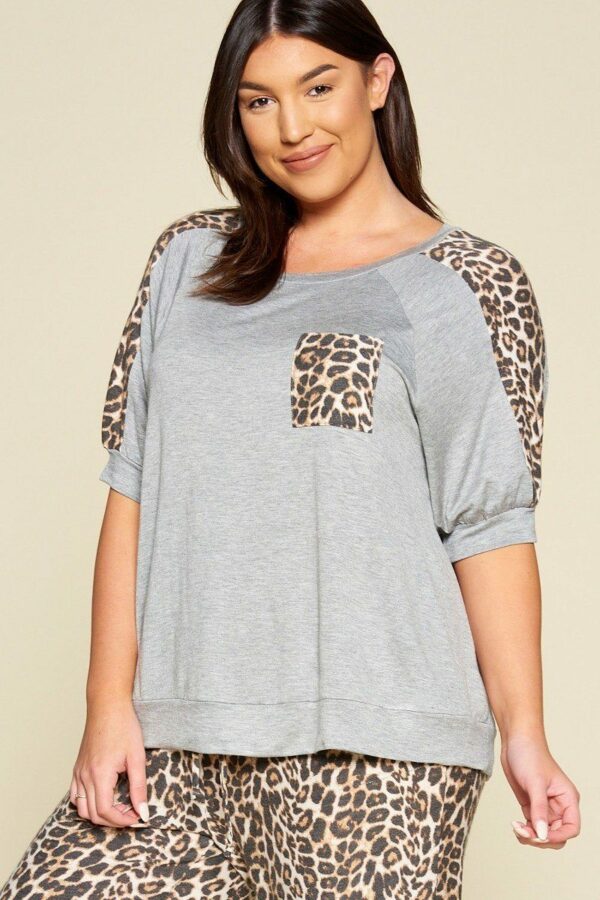 Plus Size Cute Animal Print Pocket French Terry Casual Top Tops