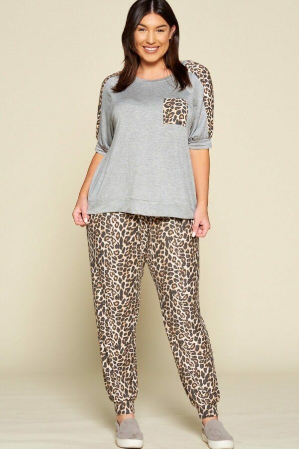 Plus Size Cute Animal Print Pocket French Terry Casual Top Tops