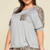 Plus Size Cute Animal Print Pocket French Terry Casual Top Tops