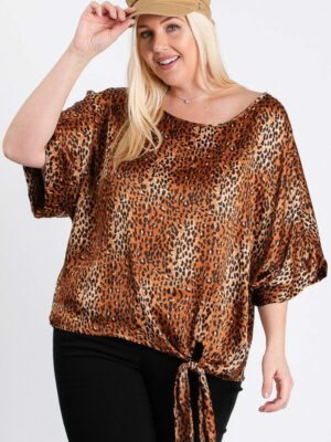 Short Sleeve Side Knot Hemline Leopard Print Woven Top Tops