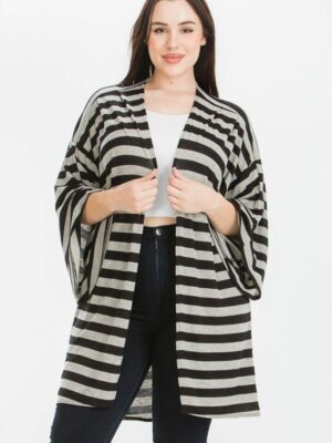 Striped, Cardigan With Kimono Style Sleeves Tops