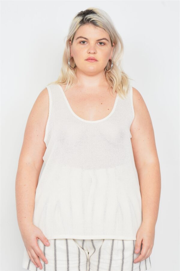 Plus Size Sheer Ivory Ribbed Causal Tank Top Tops