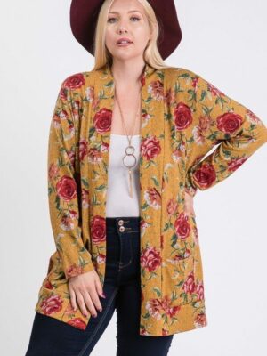 Plus Size Flower Print Pocket Flower Print Hacci Cardigan outerwear