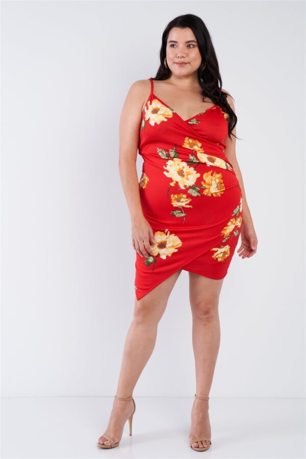 Plus Size Floral Print V-neck Cinched Size Chic Mini Dress Dresses