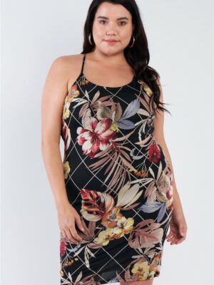 Plus Size Criss-cross Open Back Mini Floral Print Dress Dresses