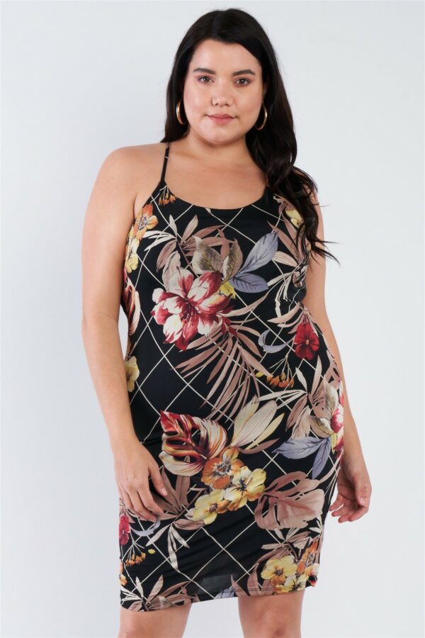 Plus Size Criss-cross Open Back Mini Floral Print Dress Dresses