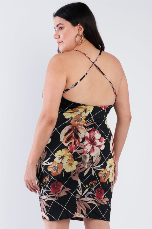 Plus Size Criss-cross Open Back Mini Floral Print Dress Dresses