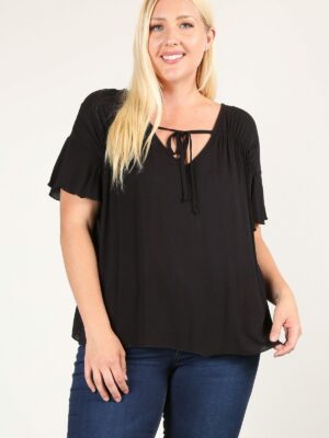 Plus Size Solid Top With A Necktie, Pleated Detail, And Flutter Sleeves Tops