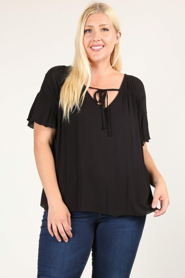 Plus Size Solid Top With A Necktie, Pleated Detail, And Flutter Sleeves Tops