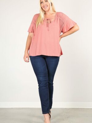 Plus Size Solid Top With A Necktie, Pleated Detail, And Flutter Sleeves Tops