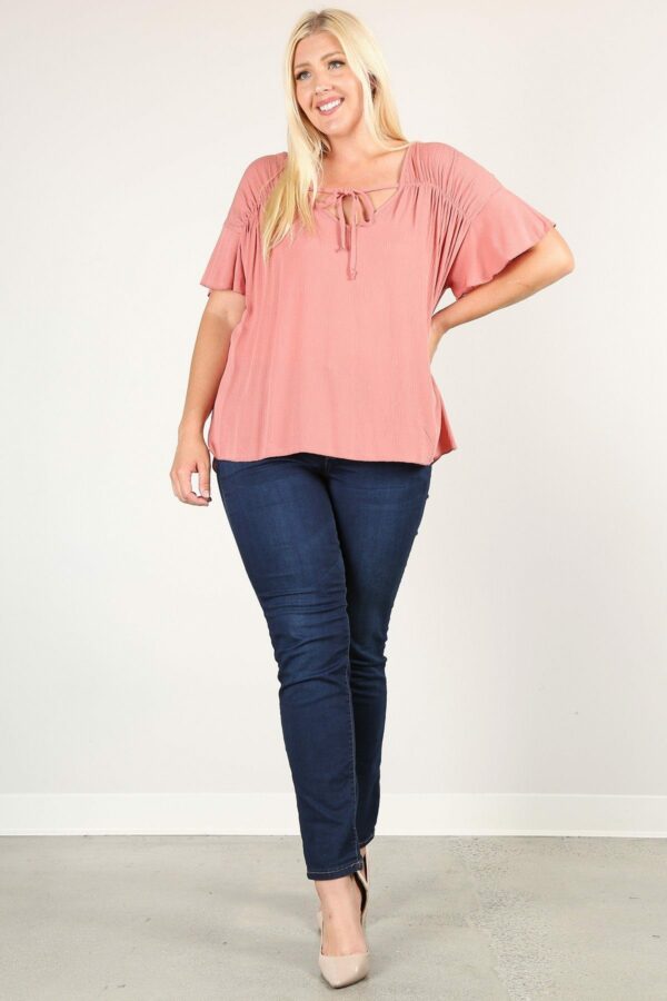 Plus Size Solid Top With A Necktie, Pleated Detail, And Flutter Sleeves Tops