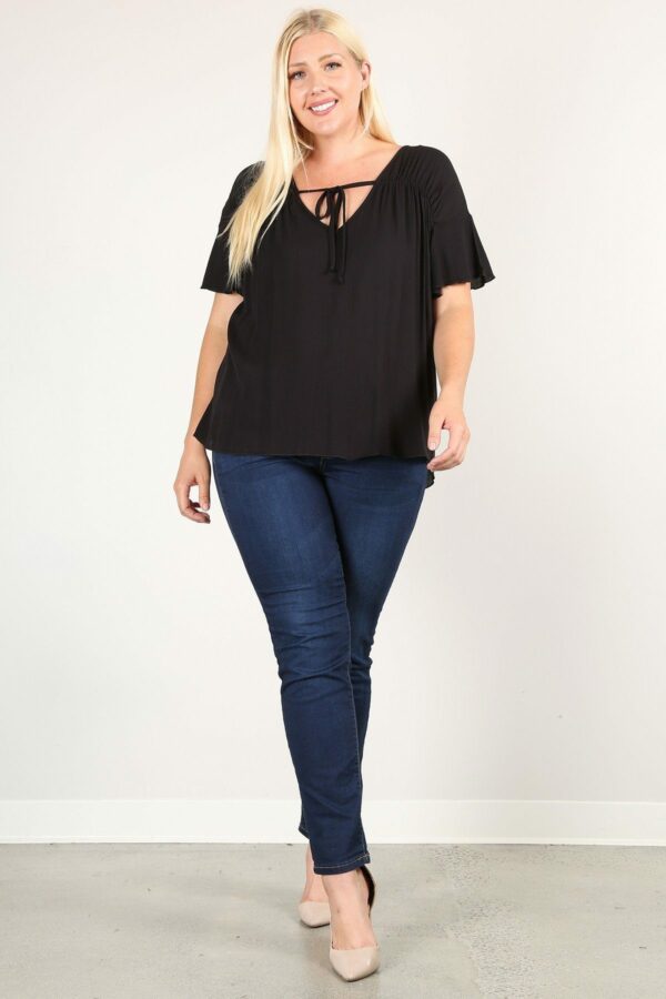 Plus Size Solid Top With A Necktie, Pleated Detail, And Flutter Sleeves Tops