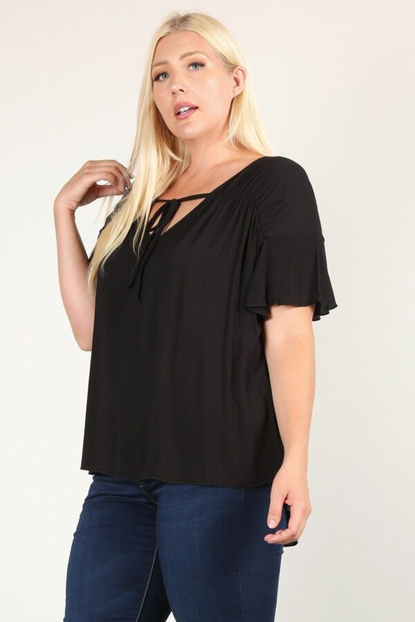 Plus Size Solid Top With A Necktie, Pleated Detail, And Flutter Sleeves Tops